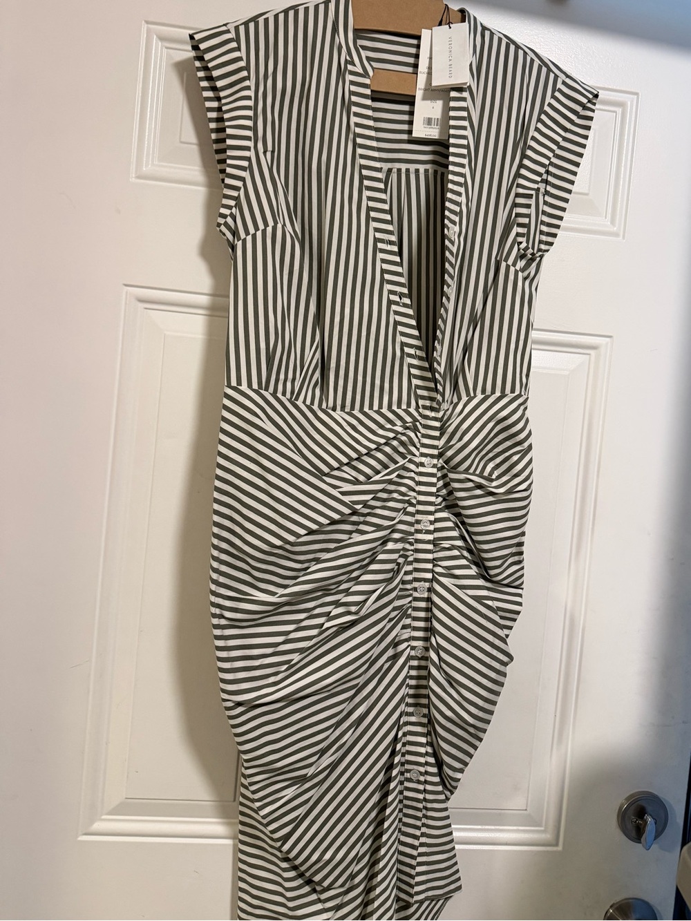Veronica Beard Black & White Striped Twist-Front Midi Dress